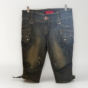 Y2K Baby Phat Capris Juniors 5 Denim Low Rise Buckles Streetwear Hip Hop Cat